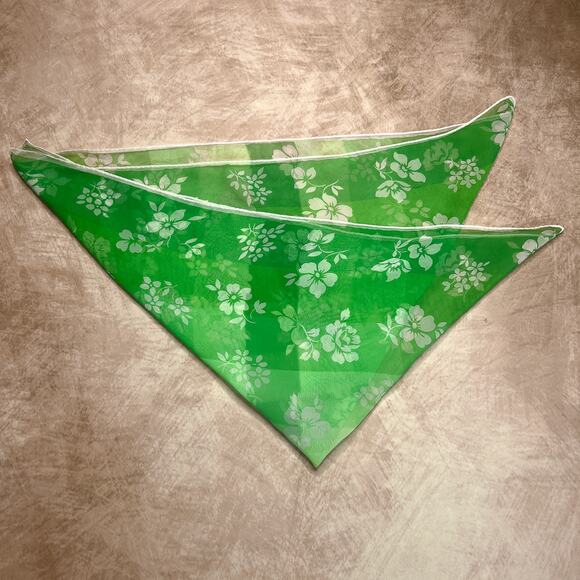 Vintage 60s Green Mesh Floral Bandana Scarf Sheer Striped Mid Century Retro Boho - Picture 1 of 7